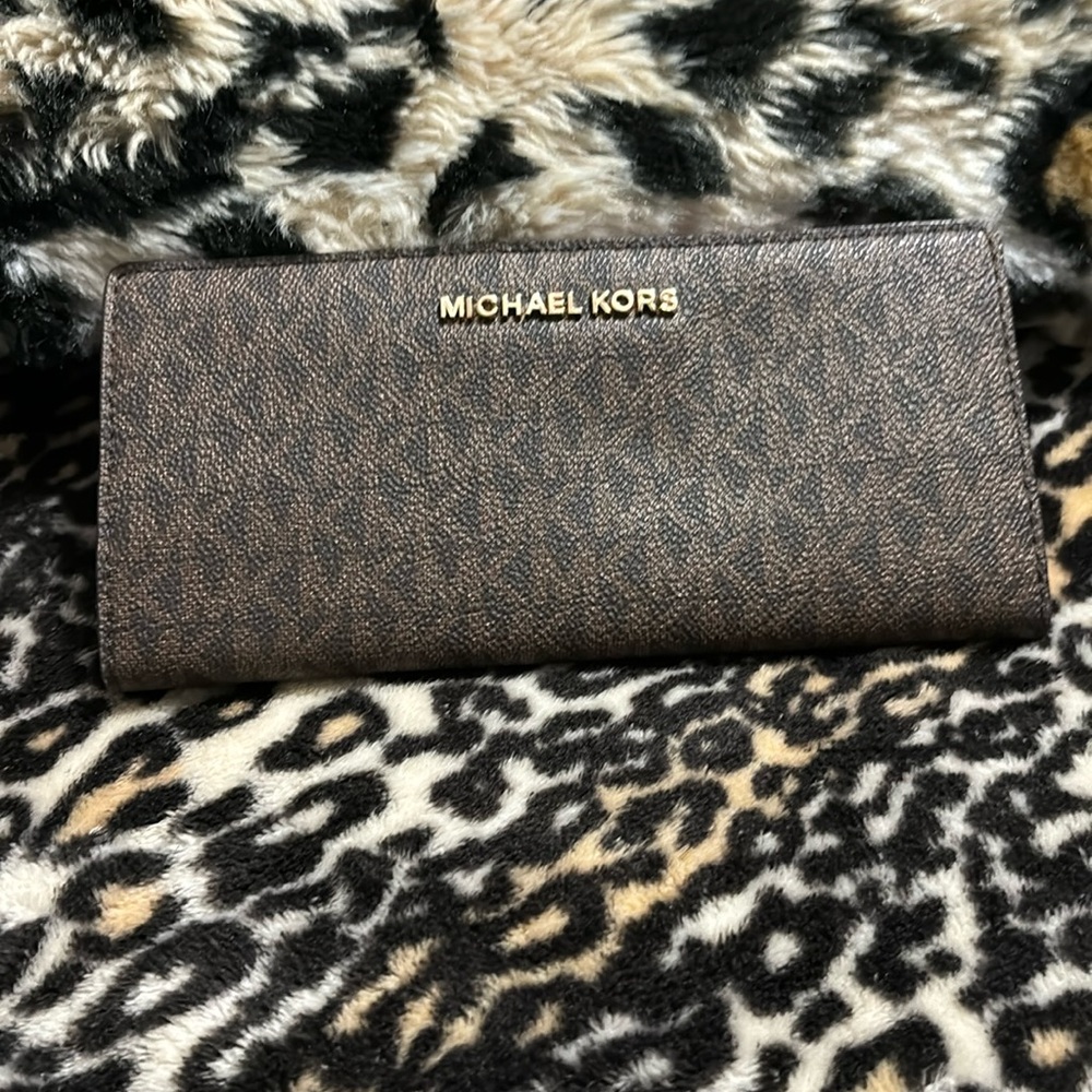 Brown and dark brown, Michael Kors wallet inside of the wallet red